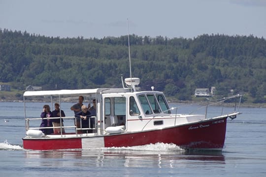 A boat with people on it in the water.